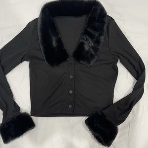 Black button shirt with faux fur trim